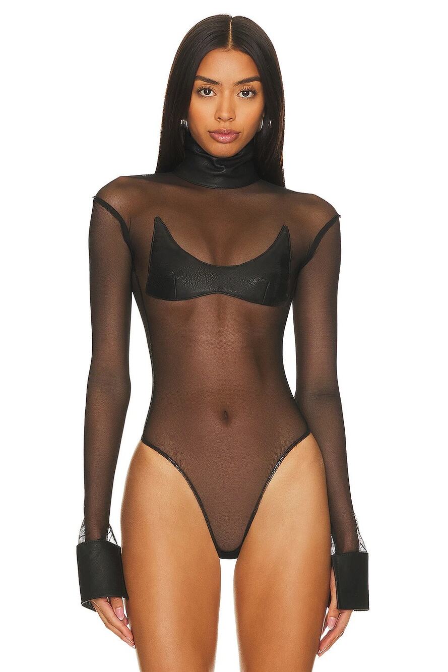 Sami Miro Vintage Mesh Bodysuit Leather Sheer Trim Statement Party Evening S